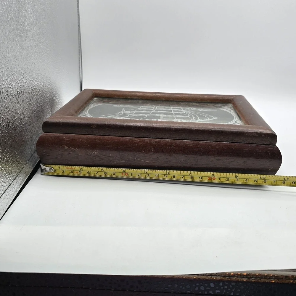 Vintage Wooden Powell Jewelry Box Ship Mirrored Glass Nautical Decor MCM‎